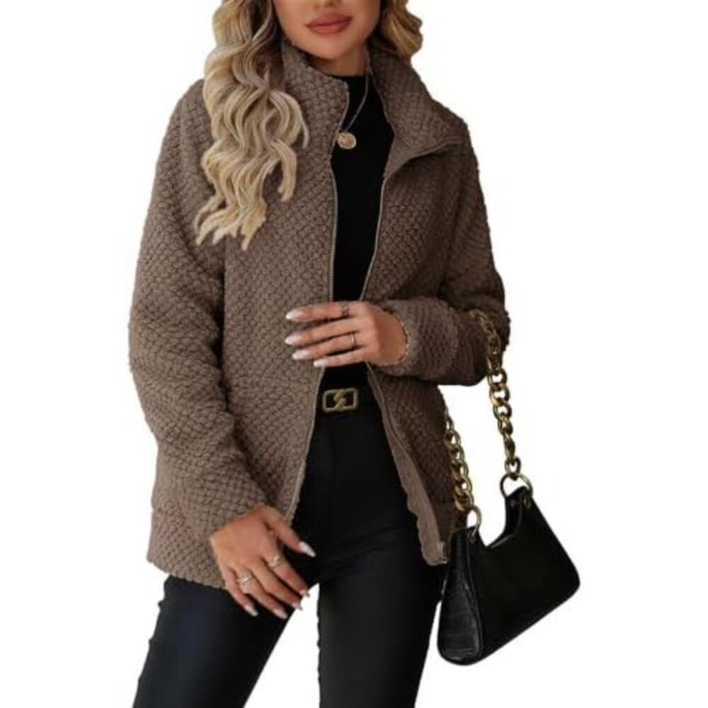 Women's Full Zip Stand Collar Fleece Sherpa Jacket with Pockets Khaki